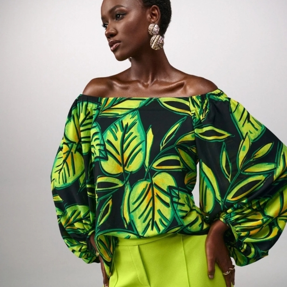 Joseph Ribkoff Green Leaf Print Off-Shoulder Blouse
